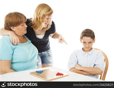 Older sister getting her little brother in trouble with mom. Isolated on white.