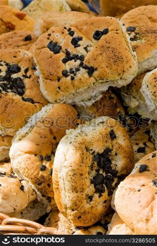 Olive bread on sale in a market