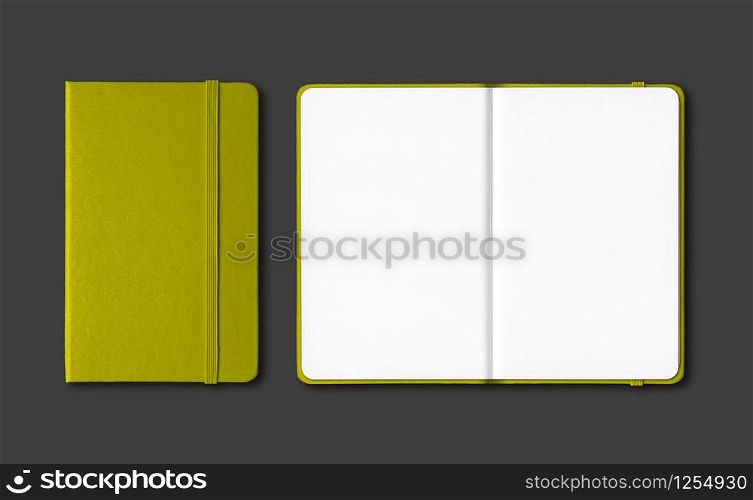 Olive green closed and open notebooks mockup isolated on black. Olive green closed and open notebooks isolated on black