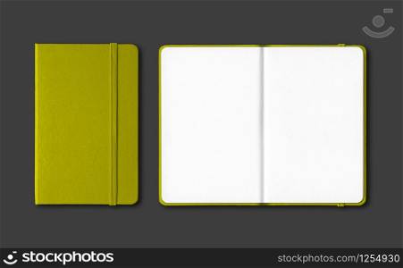 Olive green closed and open notebooks mockup isolated on black. Olive green closed and open notebooks isolated on black