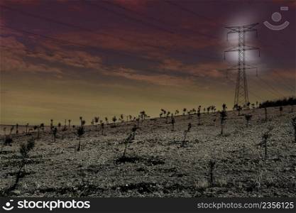 Olive grove and fields in Spain after harvesting in the light of the moon. Electrical power lines on pylons in the landscape of the Iberian Peninsula