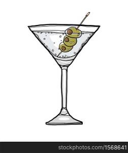 Olive Martini Cocktail with Olive hand drawn cut illustration