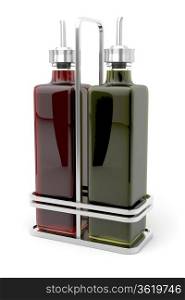Olive oil and vinegar in metal holder