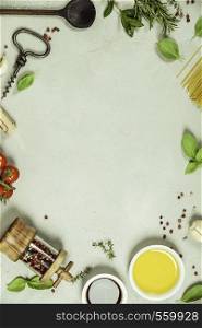 Olive oil, balsamic vinegar, salt, pepper, herbs, pasta, tomatoes on concrete background - cooking ingredients background -- top view - space for text. Healthy food, vegetarian or italian food concept.. Olive oil, balsamic vinegar, salt, pepper, herbs, pasta, tomatoes on concrete background