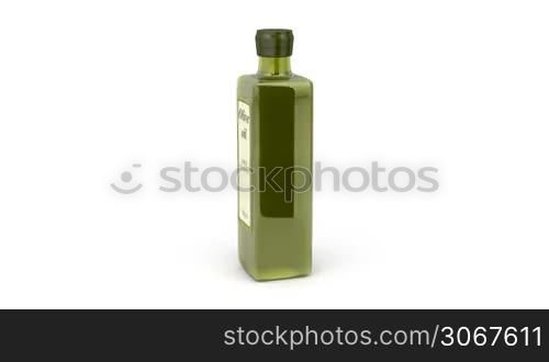 Olive oil bottle rotates on white background