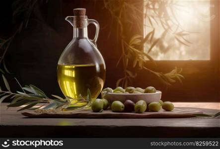 Olive oil bottle, sesame bread, olives in bowl and olive branch on rustic wooden table with olive trees in background. Generative AI