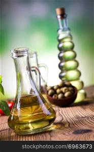 Olive oil bottles, Mediterranean rural theme