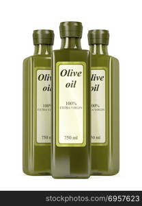Olive oil bottles on white. Three olive oil bottles on white background