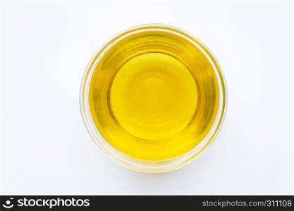 Olive oil bowl isolated on white. Top view