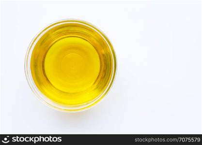 Olive oil bowl isolated on white. Top view, Copy space