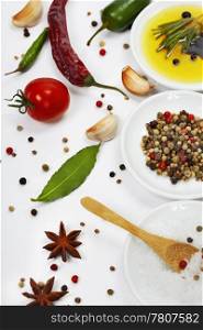 Olive oil, pepper, salt and fresh herbs and spices