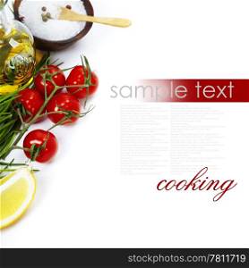 Olive oil, pepper, salt and fresh vegetables, herbs and spices (with easy removable sample text)