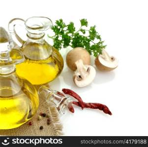 Olive Oil Spices And Mushrooms On White Background