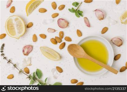 olive oil with cooking ingredients top view
