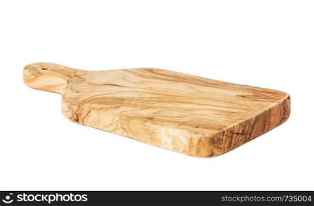 Olive wood cutting board, isolated on a white background. Side view