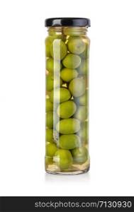 olives bottle on a white background in bottle with clipping path