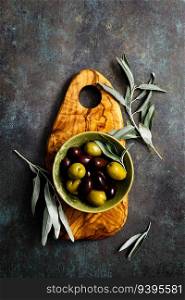 Olives in a bowl, top view