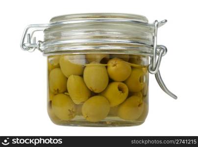 olives in a glass jar isolated on white background