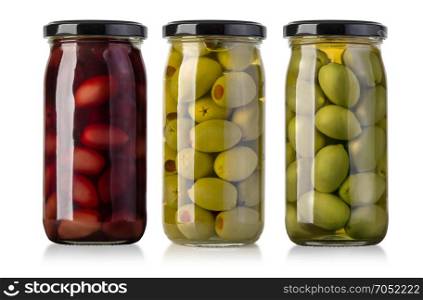olives in glass jar isolated on white background
