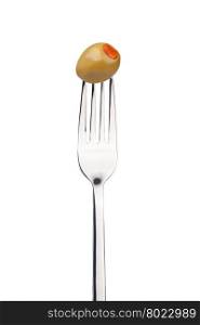 olives on a fork. olives on a fork. Isolated on a white background