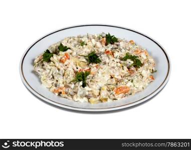 Olivier salad on a plate. Isolated on white with clipping path