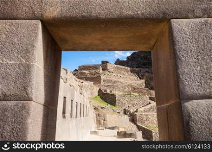 Ollantaytambo Inca ruins in Ollantaytambo town, Peru.