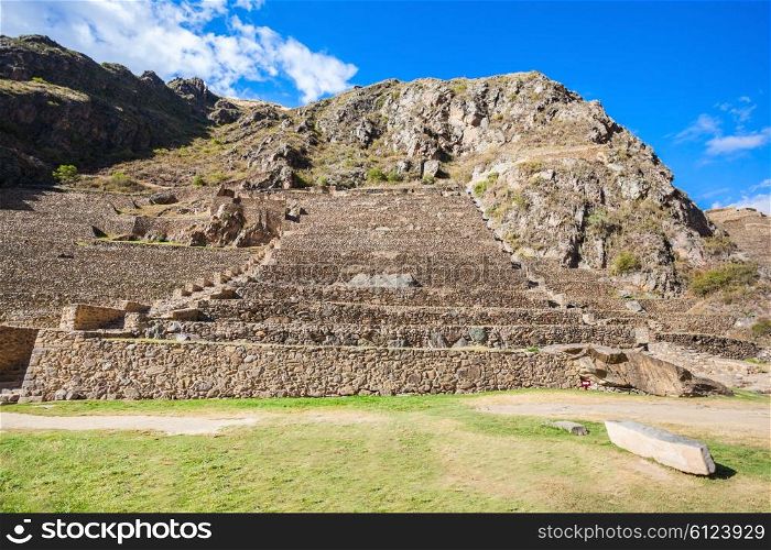Ollantaytambo Terraces of Pumatallis in Ollantaytambo town, Peru.