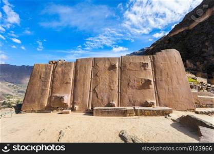 Ollantaytambo Wall of the Six Monoliths (Sun Temple) in Ollantaytambo, Peru.