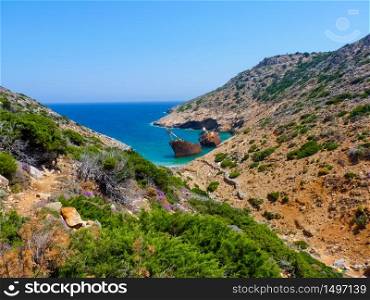 Olympia Shipwreck near Kalotaritissa beach, Amorgos island, Cyclades, Greece