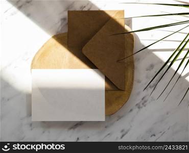 OLYMPUS DIGITAL CAMERA. brown envelope with white blank wooden plate marble background with green leafs