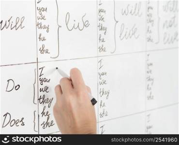 OLYMPUS DIGITAL CAMERA. different tenses written by person whiteboard with marker