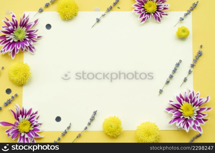 OLYMPUS DIGITAL CAMERA. flowers decoration blank white paper yellow background