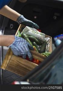 OLYMPUS DIGITAL CAMERA. gardener s hand keeping vegetable crate car trunk