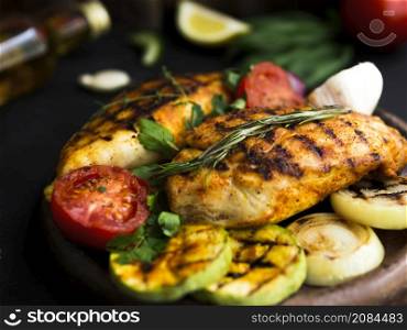 OLYMPUS DIGITAL CAMERA. grilled chicken breasts with vegetables