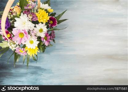 OLYMPUS DIGITAL CAMERA. High resolution photo. flower bouquet wicker basket placed table. High quality photo
