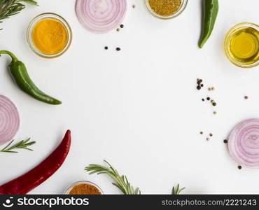 OLYMPUS DIGITAL CAMERA. top view frame with condiments herbs