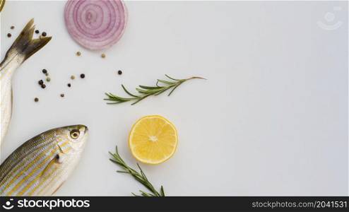 OLYMPUS DIGITAL CAMERA. top view fresh fishes with condiments