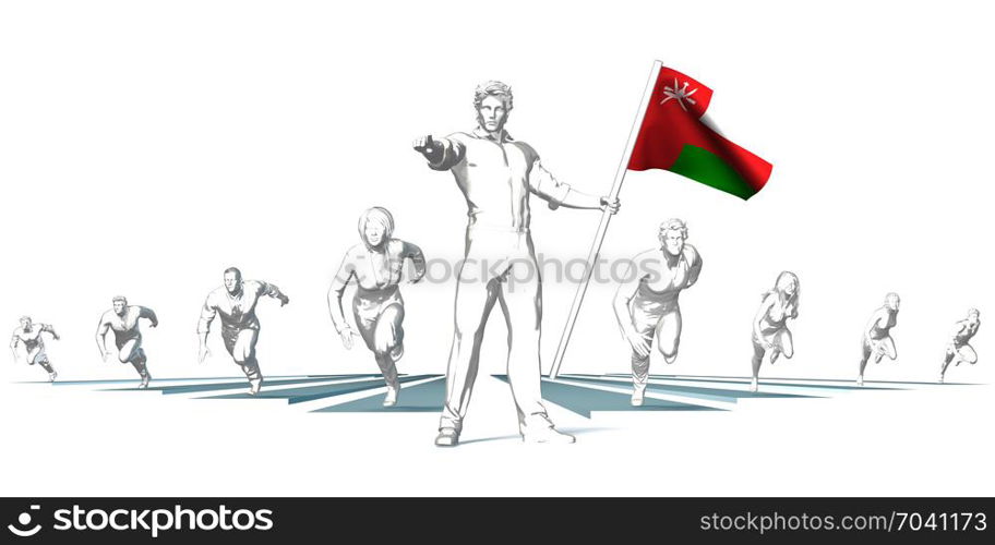 Oman Racing to the Future with Man Holding Flag. Oman Racing to the Future