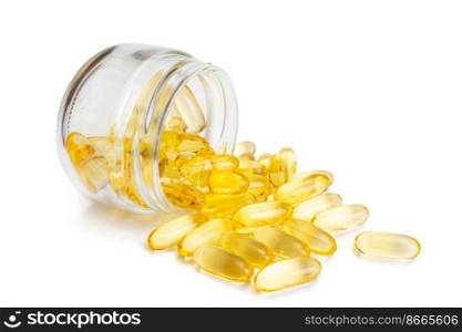 Omega 3 capsules in glass bottle isolated on white background. Softgels, tablets for skin, health, disease treatment. Health care, diet, heart cardiovascular support , skin care, pharmacy concept. Omega 3 yellow capsules in glass bottle isolated on white background
