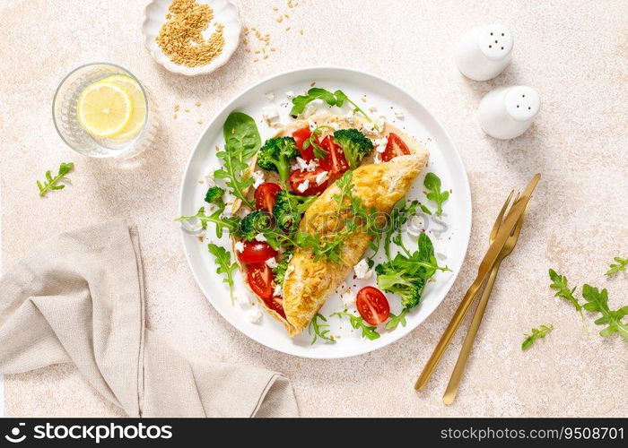 Omelette stuffed with tomato, broccoli feta cheese and fresh green salad. Healthy diet food for breakfast. Top view