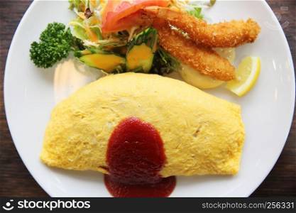 omelette with fried rice and shrimp tempura Japanese food
