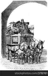 Omnibus with triple coupling, vintage engraved illustration. Paris - Auguste VITU ? 1890.