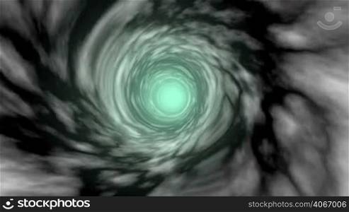 On a black background, a tunnel swirling clouds and pulling them into themselves. At the end of the tunnel there is a bright greenish light. Bright flashes of light occur in the tunnel.