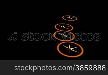 On a black background orange disks (UFO) slowly fly. They slowly rotate. In rings there are stars consisting of six beams. Their sides sparkle.