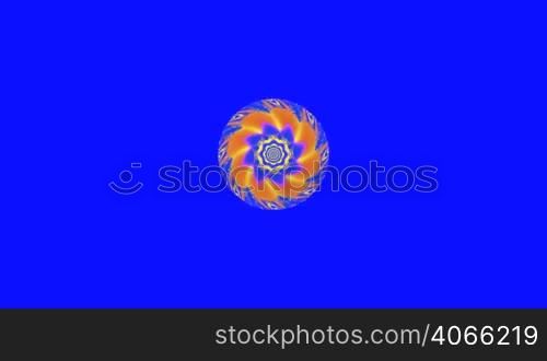 On a blue background is slowly approaching and rotates like a spiral galaxy, bright colorful mandala.