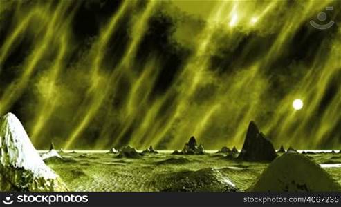 On a dark gloomy sky nebulae and vertical shining clouds. The bright sun illuminates the rocky desert landscape with green light.