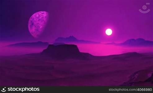 On a dark starry sky a large planet (moon) in the penumbra. From the misty horizon, the bright sun rises and illuminates the landscape of an alien planet. Not the high mountains and the hills, in the lowlands of thick purple fog. The lake reflected the sun, moon and stars.