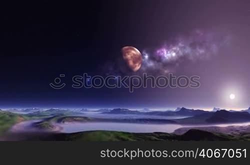 On a dark starry sky a planet against the background of a nebula. Bright blue objects (ufo) slowly fly. Over the hazy horizon a bright setting sun. Below them are low mountains, hills and lakes.