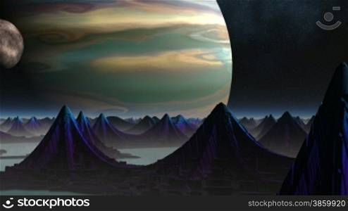 On a planet surface among water there are strange constructions with sharp tops. Over the horizon in the dark night sky two planets rotate.