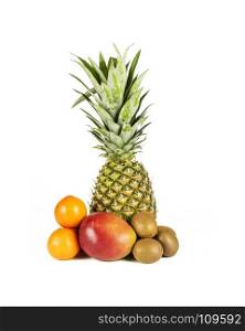 On a white background there is a large ripe pineapple and a number of mandarins, mangoes and kiwis
